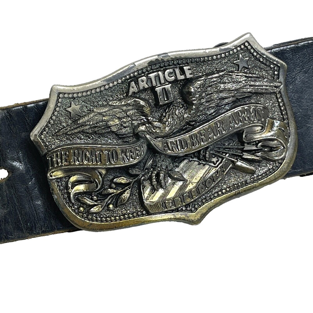 The Great American Buckle Co Article II Buckle on Black‎ Leather Belt 1982 Sz XL